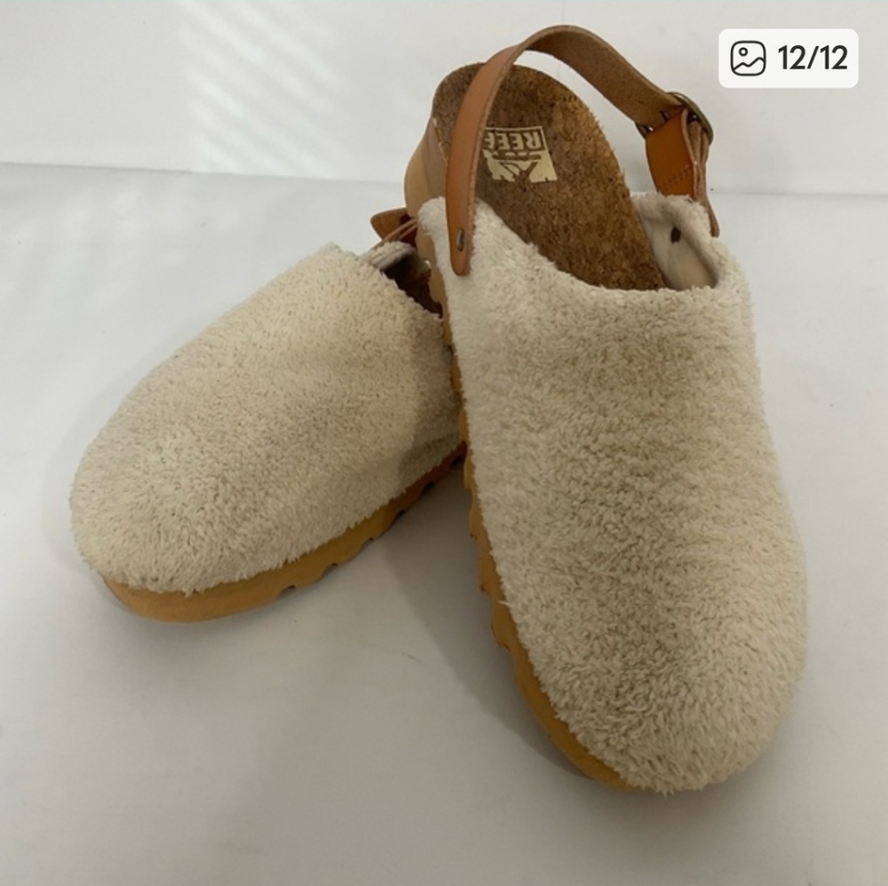 Reef Beach Bum Cream Tan Faux Fur Cork Upper Heel Strap Clogs 8 - Picture 12 of 12